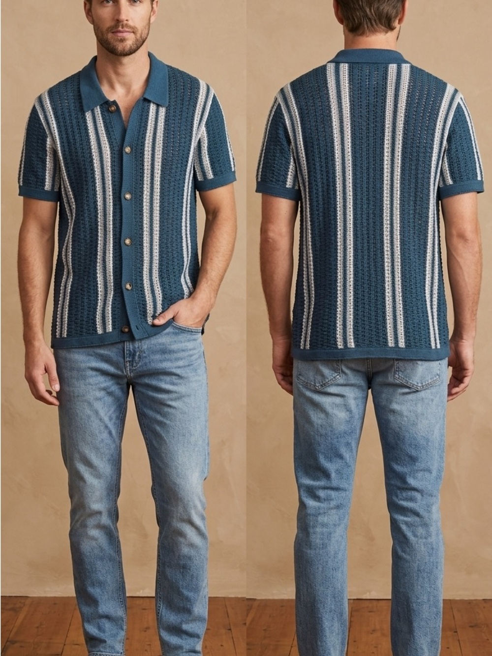 Aeropostale Blue Short-Sleeve Vertical Stripe Knit Polo
